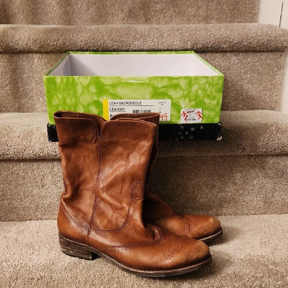 Sam Edelman "Leah" Brown Leather Flat Cowboy Boots Size 9.5